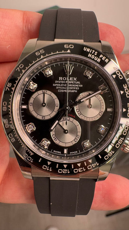 Rolex White Gold Cosmograph Daytona Watch - 40 MM - Oysterflex Strap - Black Ceramic Bezel - Black And Steel Diamond Dial - 126519LN-0004