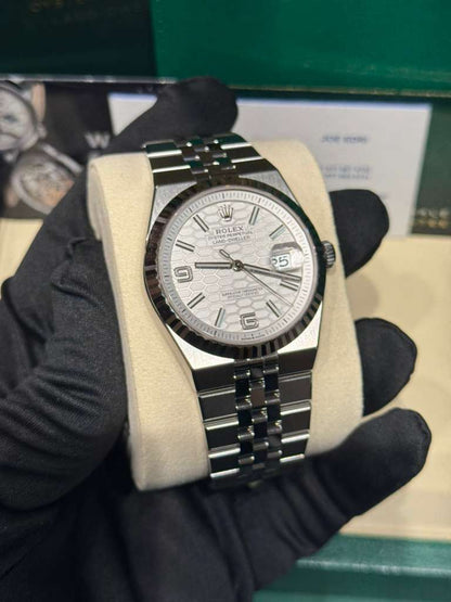 Rolex Land-Dweller - 40 MM - Stainless Steel and White Gold - Honeycomb Motif White Dial - Fluted Bezel - Jubilee Bracelet - 127334-0001