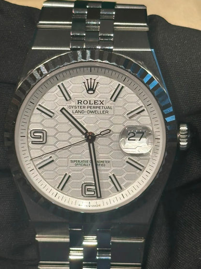 Rolex Land-Dweller - 40 MM - Stainless Steel and White Gold - Honeycomb Motif White Dial - Fluted Bezel - Jubilee Bracelet - 127334-0001