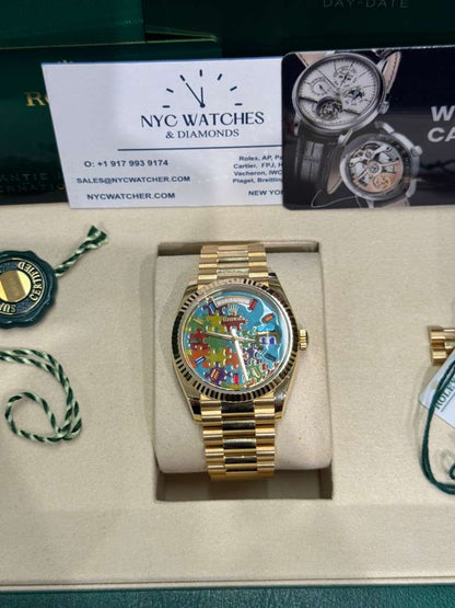Rolex Yellow Gold Day-Date Watch - 36 MM - President bracelet - Fluted Bezel - Blue Puzzle Dial - 128238-0106