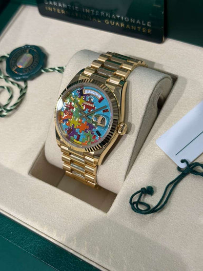 Rolex Yellow Gold Day-Date Watch - 36 MM - President bracelet - Fluted Bezel - Blue Puzzle Dial - 128238-0106