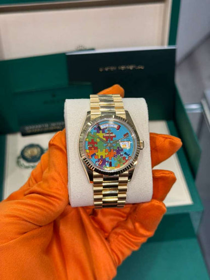 Rolex Yellow Gold Day-Date Watch - 36 MM - President bracelet - Fluted Bezel - Blue Puzzle Dial - 128238-0106
