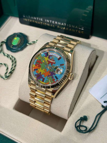 Rolex Yellow Gold Day-Date Watch - 36 MM - President bracelet - Fluted Bezel - Blue Puzzle Dial - 128238-0106