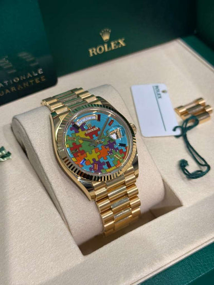 Rolex Yellow Gold Day-Date Watch - 36 MM - President bracelet - Fluted Bezel - Blue Puzzle Dial - 128238-0106