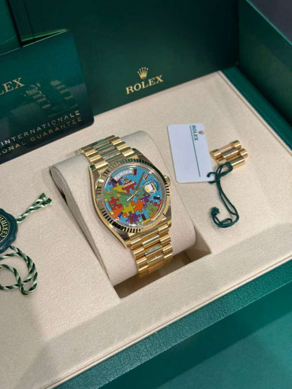 Rolex Yellow Gold Day-Date Watch - 36 MM - President bracelet - Fluted Bezel - Blue Puzzle Dial - 128238-0106