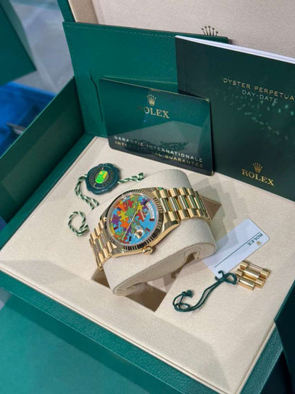 Rolex Yellow Gold Day-Date Watch - 36 MM - President bracelet - Fluted Bezel - Blue Puzzle Dial - 128238-0106