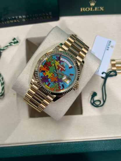 Rolex Yellow Gold Day-Date Watch - 36 MM - President bracelet - Fluted Bezel - Blue Puzzle Dial - 128238-0106