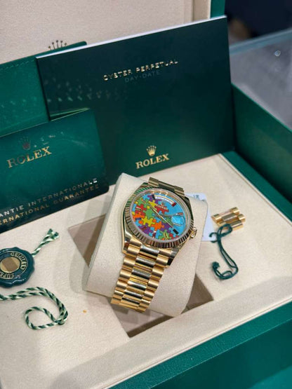 Rolex Yellow Gold Day-Date Watch - 36 MM - President bracelet - Fluted Bezel - Blue Puzzle Dial - 128238-0106