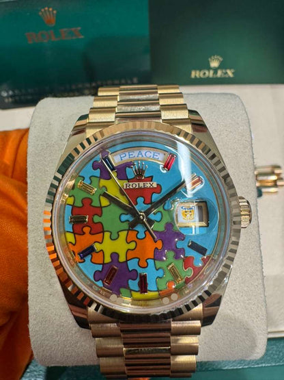 Rolex Yellow Gold Day-Date Watch - 36 MM - President bracelet - Fluted Bezel - Blue Puzzle Dial - 128238-0106