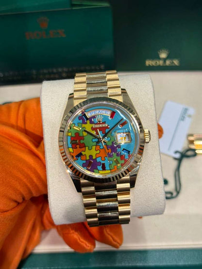 Rolex Yellow Gold Day-Date Watch - 36 MM - President bracelet - Fluted Bezel - Blue Puzzle Dial - 128238-0106