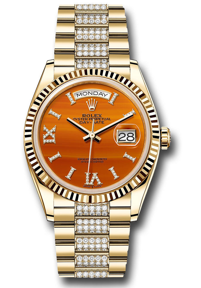 Rolex - Day-Date - 36 MM - Yellow Gold - Carnelian Diamond Roman Dial - Fluted Bezel - Diamond President Bracelet - 128238