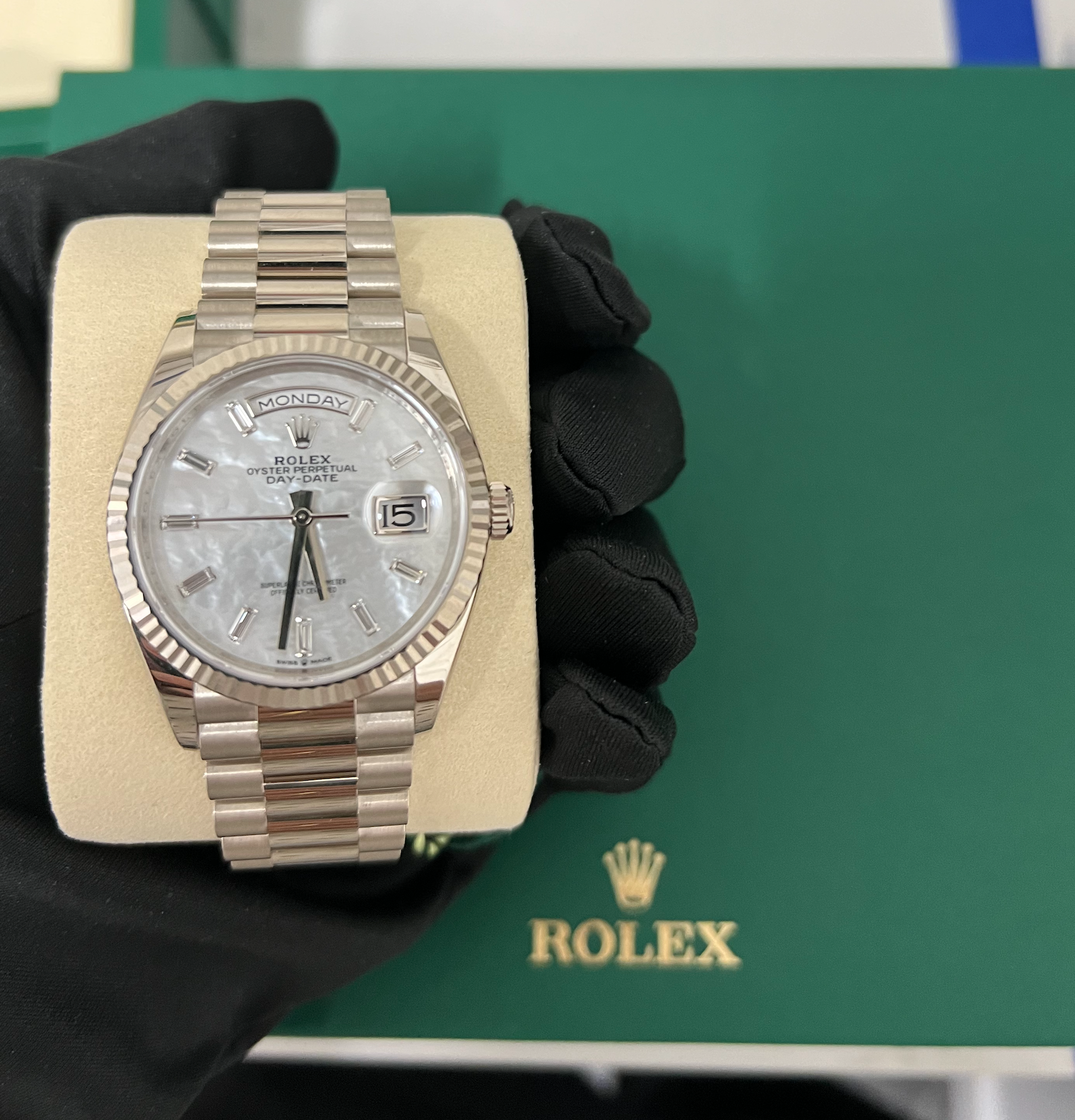 Rolex Day-Date - 36 MM - White Gold - MoP White Dial - 128239-0065