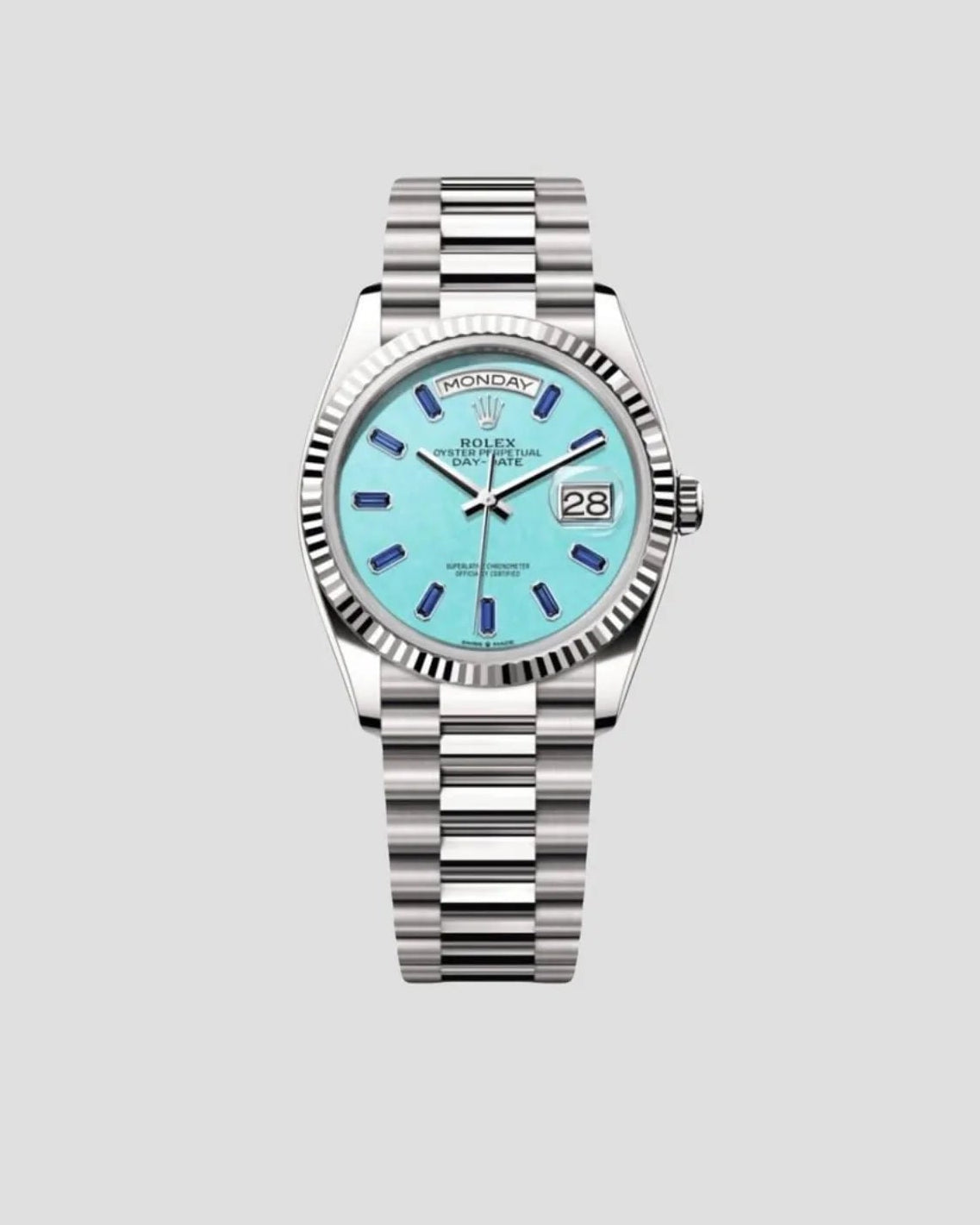 Rolex White Gold Day-Date Watch - Off-Catalog - 36 MM - President bracelet - Fluted Bezel - Turquoise Blue Dial - 128239-0083