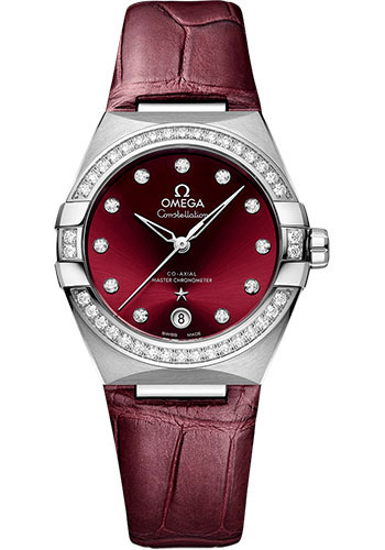 Omega Constellation Stainless Steel 36 MM - Burgundy Leather Strap - Diamond Bezel - Burgundy PVD Treated Dial - 131.18.36.20.61.001