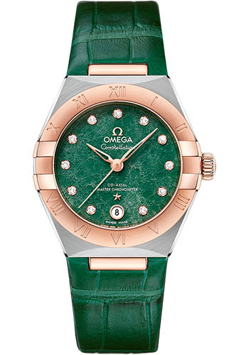 Omega Constellation Rose Gold and Stainless Steel 29 MM - Green Leather Strap - Green Diamond Dial - 131.23.29.20.99.001