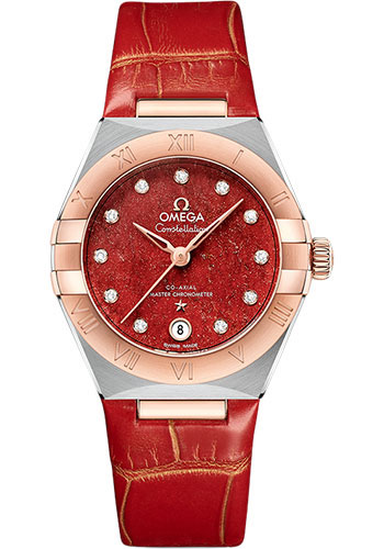 Omega Constellation Rose Gold and Stainless Steel 29 MM - Red Leather Strap - Red Diamond Dial - 131.23.29.20.99.002