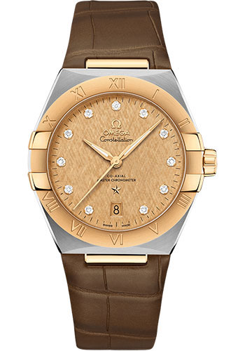 Omega Constellation Stainless Steel and Yellow Gold 39 MM - Brown Leather Strap - Champagne Diamond Dial - 131.23.39.20.58.001