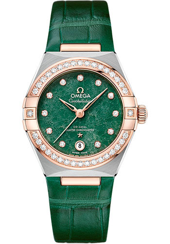 Omega Constellation Rose Gold and Stainless Steel 29 MM - Green Leather Strap - Diamond Bezel - Green Diamond Dial - 131.28.29.20.99.001