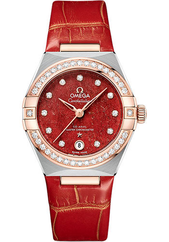 Omega Constellation Rose Gold and Stainless Steel 29 MM - Red Leather Strap - Diamond Bezel - Red Diamond Dial - 131.28.29.20.99.002