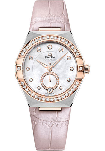 Omega Constellation Stainless Steel and Rose Gold 34 MM - Pink Leather Strap - Diamond Bezel - White Pearled Mother-Of-Pearl Dial - 131.28.34.20.55.001