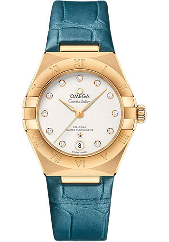 Omega Constellation Yellow Gold 29 MM - Blue Leather Strap - White Silvery Diamond Dial - 131.53.29.20.52.001