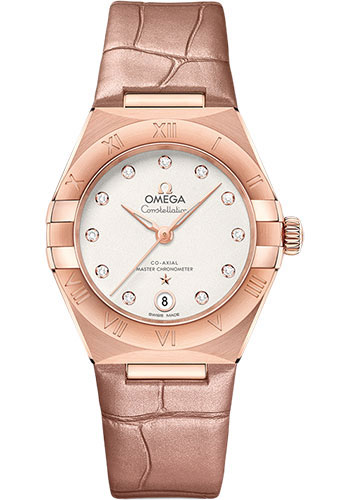 Omega Constellation Rose Gold 29 MM - Pink Leather Strap - White Silvery Diamond Dial - 131.53.29.20.52.002