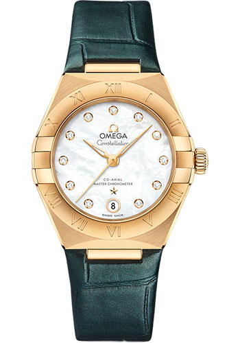 Omega Constellation Yellow Gold 29 MM - Green Leather Strap - Pearled Mother-Of-Pearl Diamond Dial - 131.53.29.20.55.001