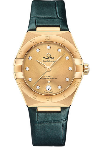 Omega Constellation Yellow Gold 29 MM - Green Leather Strap - Champagne Diamond Dial - 131.53.29.20.58.001