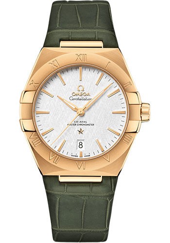 Omega Constellation Yellow Gold 39 MM - Green Leather Strap - White Silvery Dial - 131.53.39.20.02.002