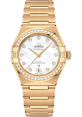 Omega Constellation Yellow Gold 29 MM - Yellow Gold Bracelet - Diamond Bezel - Pearled Mother-Of-Pearl Diamond Dial - 131.55.29.20.55.002