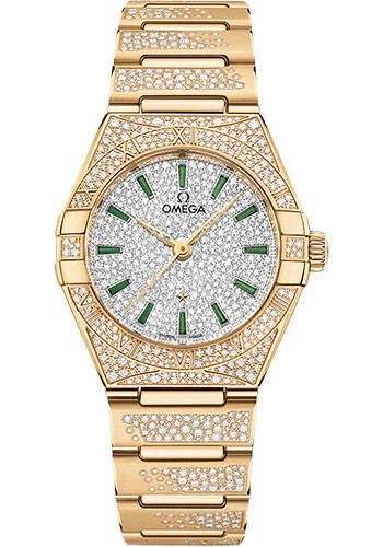 Omega Constellation Yellow Gold Diamond 29 MM - Yellow Gold Diamond Bracelet - Diamond Bezel - White Gold Diamond Dial - 131.55.29.20.99.002