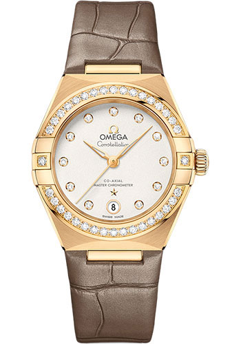 Omega Constellation Yellow Gold 29 MM - Brown Leather Strap - Diamond Bezel - White Silvery Diamond Dial - 131.58.29.20.52.001