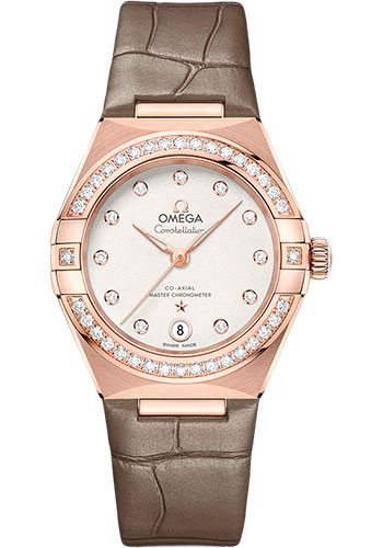 Omega Constellation Rose Gold 29 MM - Light Brown Leather Strap - Diamond Bezel - White Silvery Diamond Dial - 131.58.29.20.52.002