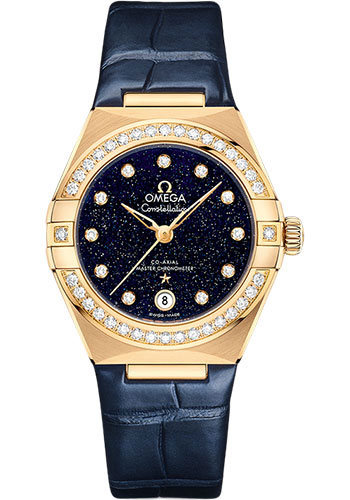 Omega Constellation Yellow Gold 29 MM - Blue Leather Strap - Diamond Bezel - Blue Diamond Dial - 131.58.29.20.53.001