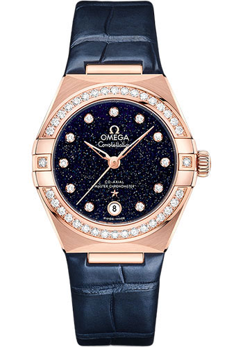 Omega Constellation Rose Gold 29 MM - Blue Leather Strap - Diamond Bezel - Blue Diamond Dial - 131.58.29.20.53.003