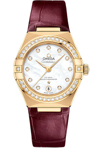 Omega Constellation Yellow Gold 29 MM - Red Leather Strap - Diamond Bezel - Pearled Mother-Of-Pearl Diamond Dial - 131.58.29.20.55.001