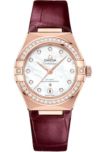 Omega Constellation Rose Gold 29 MM - Red Leather Strap - Diamond Bezel - Pearled Mother-Of-Pearl Diamond Dial - 131.58.29.20.55.002