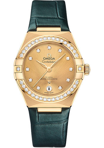 Omega Constellation Yellow Gold 29 MM - Green Leather Strap - Diamond Bezel - Champagne Diamond Dial - 131.58.29.20.58.001