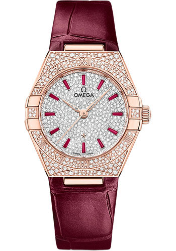 Omega Constellation Rose Gold Diamond 29 MM - Red Leather Strap - Diamond Bezel - White Gold Diamond Dial - 131.58.29.20.99.001