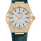 Omega Constellation Yellow Gold Diamond 29 MM - Green Leather Strap - Diamond Bezel - White Gold Diamond Dial - 131.58.29.20.99.002