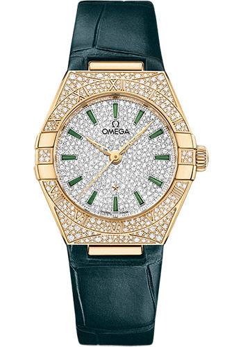 Omega Constellation Yellow Gold Diamond 29 MM - Green Leather Strap - Diamond Bezel - White Gold Diamond Dial - 131.58.29.20.99.002