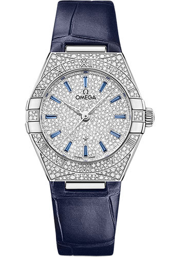 Omega Constellation White Gold Diamond 29 MM - Blue Leather Strap - Diamond Bezel - White Gold Diamond Dial - 131.58.29.20.99.003