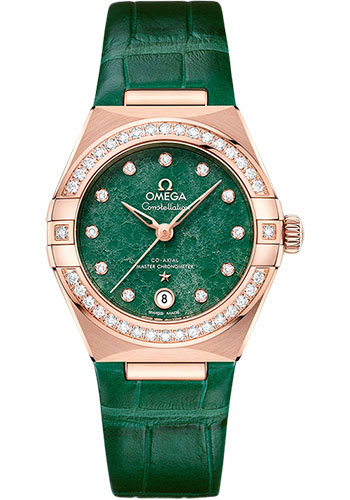 Omega Constellation Rose Gold 29 MM - Green Leather Strap - Diamond Bezel - Green Diamond Dial - 131.58.29.20.99.004