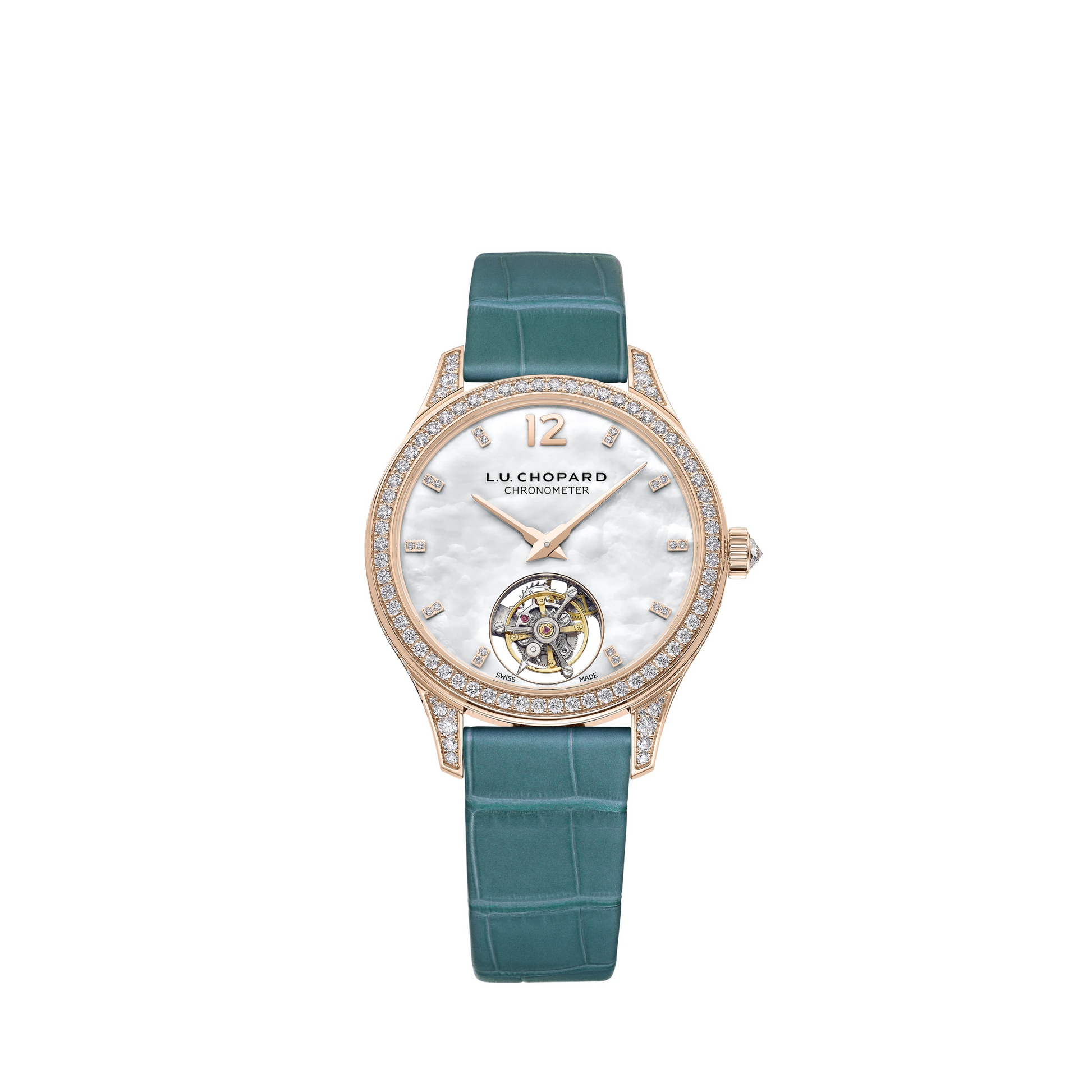 Chopard L.U.C Rose Gold 35 MM - Turquoise Leather Strap - Diamond Bezel - Mother-of-pearl Sapphire Crystal Dial - 295370-5002