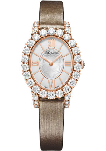 Chopard L'Heure Du Diamant Rose Gold 29.40 MM - Brown Leather Strap - Diamond Bezel - White Dial - 139384-5104