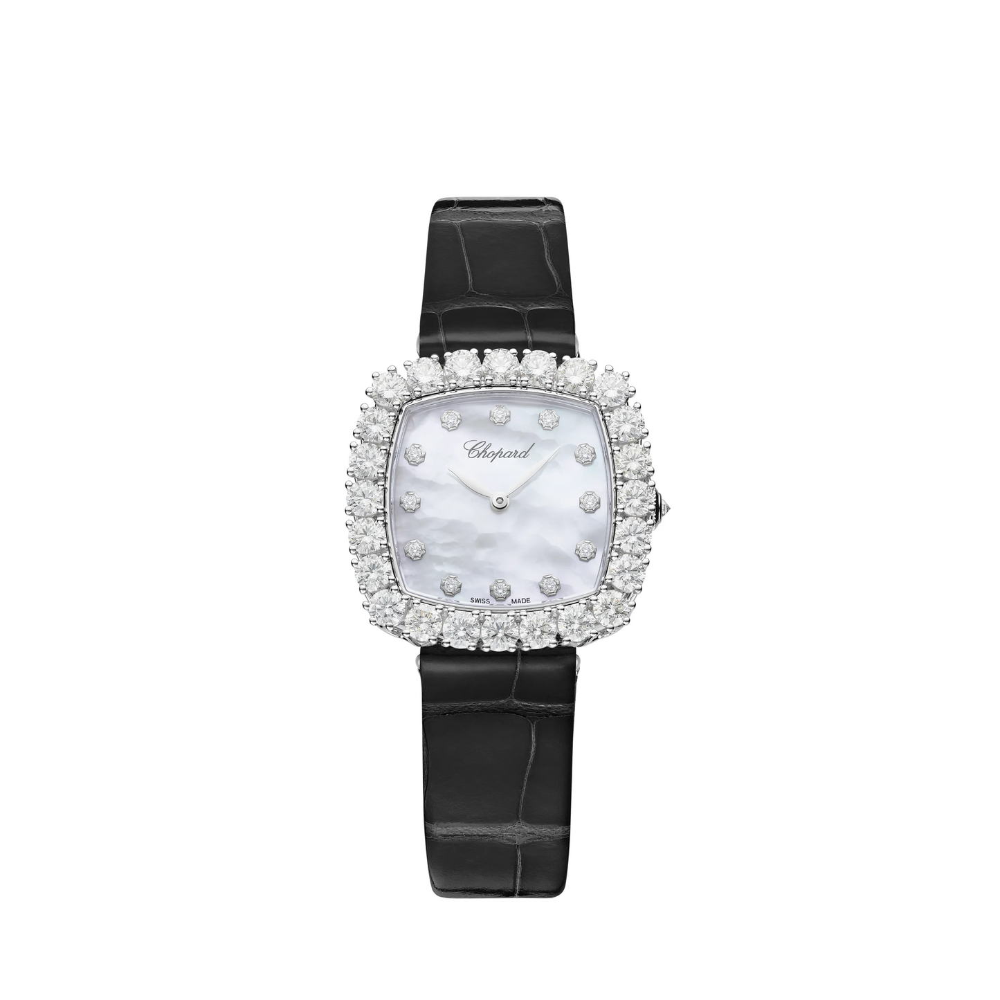 Chopard L'Heure Du Diamant White Gold 30.50 MM - Black Leather Strap - Diamond Bezel - Mother-Of-Pearl Dial - 13A386-1106