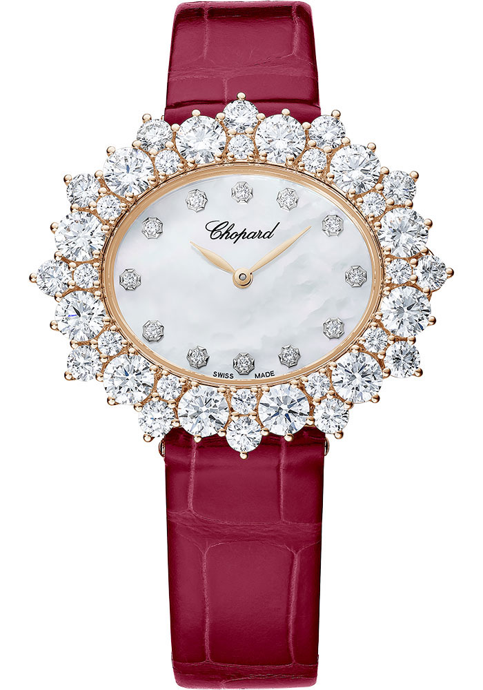 Chopard L'Heure Du Diamant Rose Gold 36 MM - Red Leather Strap - Diamond Bezel - Mother-Of-Pearl Dial  - @13A390-5100