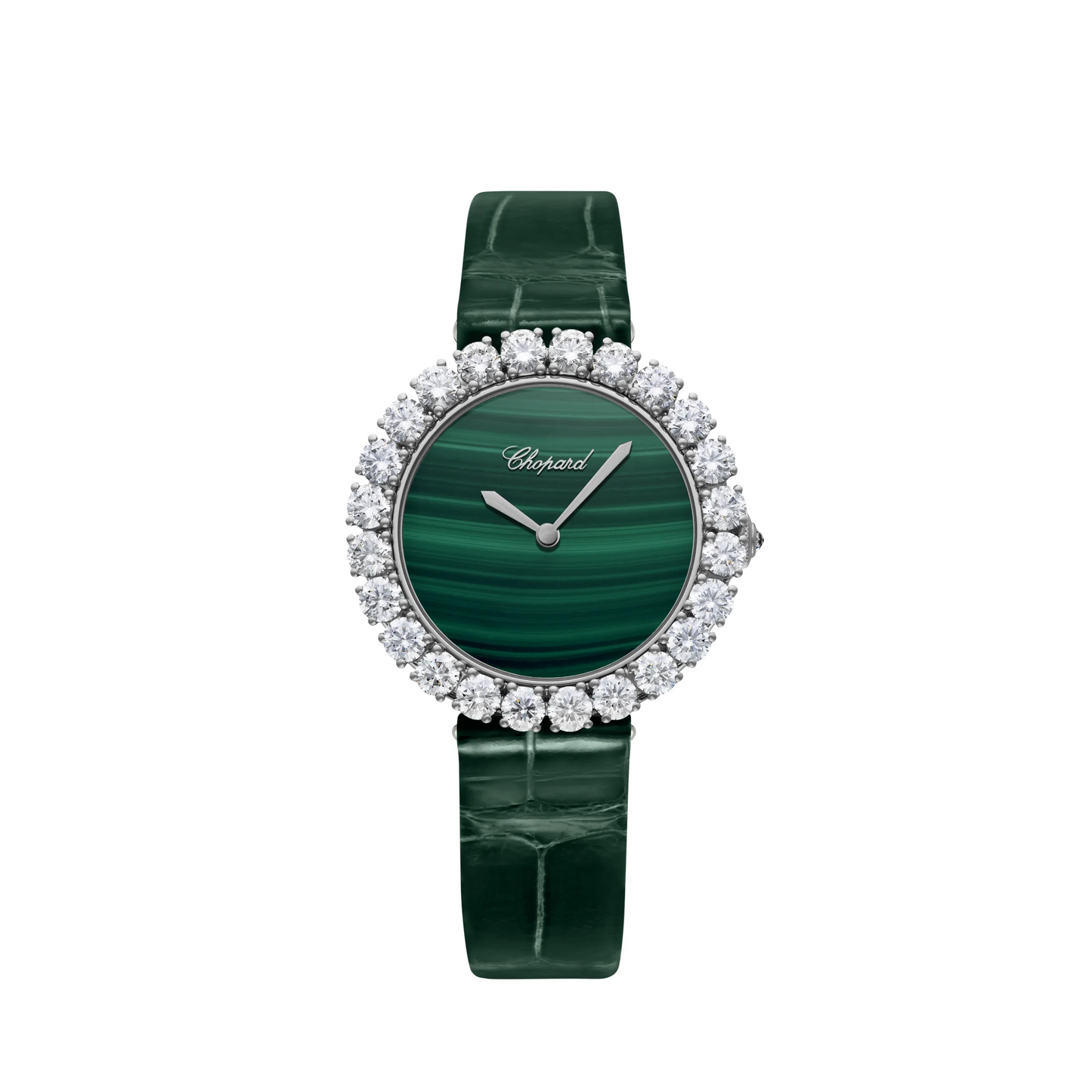 Chopard L'Heure Du Diamant White Gold 35.75 MM - Green Strap - Diamond Bezel - Tigers Eye Dial - 13A419-1601