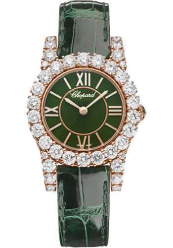 Chopard L'Heure Du Diamant Rose Gold 30 MM - Green Leather Strap - Diamond Bezel - Green Laquered Dial - 13a377-5008