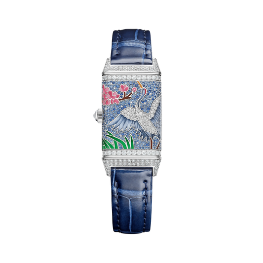 JLC - Reverso One "Sakura" Limited Edition - 40 MM x 20 MM - White Gold - Mother-Of-Pearl Dial - Diamond-Set Case - Blue Leather Strap - Q3293426